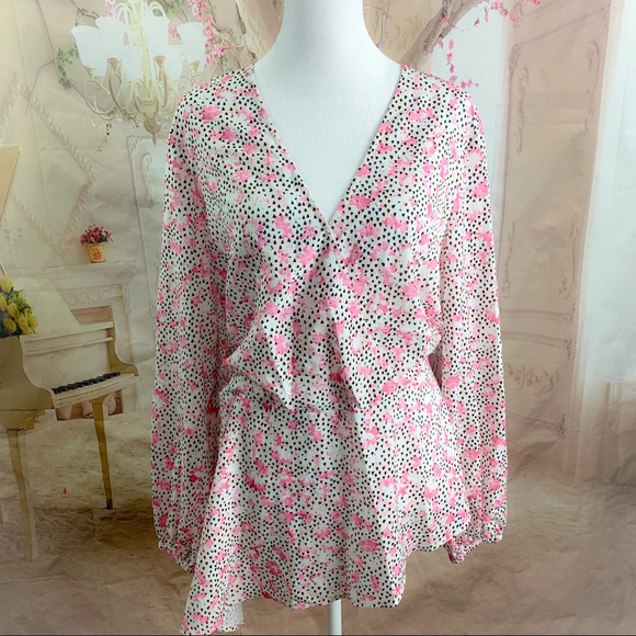 NEW Eloquii Pink Polka Dot Floral Print V Neck Blouse - Picture 3 of 10